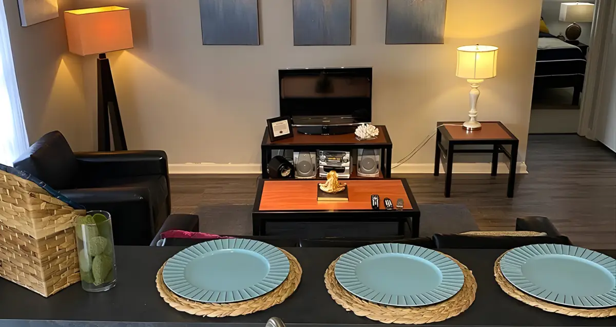 Modern kitchen and living area inside The Ridge, Morgantown student apartments