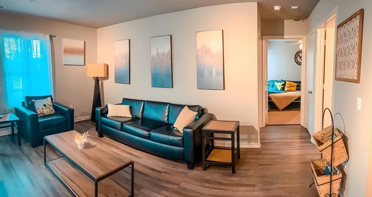 Comfortable apartment living room at The Ridge, WVU off-campus housing in Morgantown.