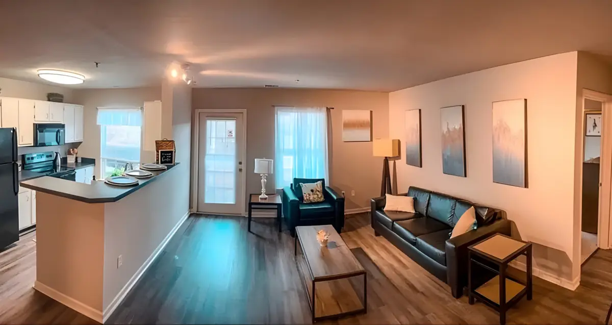Modern living room interior at The Ridge apartments near WVU in Morgantown, WV.