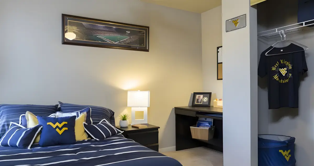 Bedroom interior in a 2 bedroom apartment at The Ridge, Morgantown student apartments.