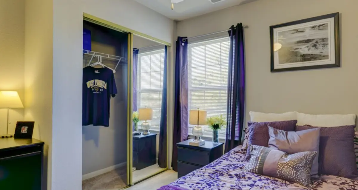 Student apartment bedroom with study desk at The Ridge in Morgantown near WVU.