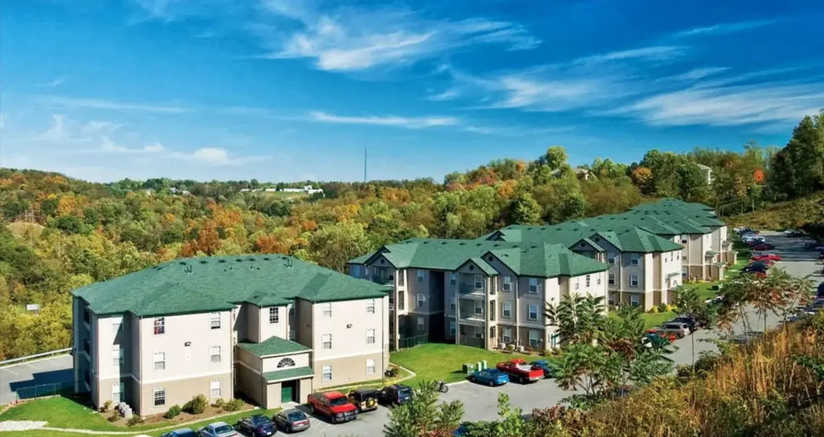 Aerial view of The Ridge apartments near West Virginia University in Morgantown, WV.
